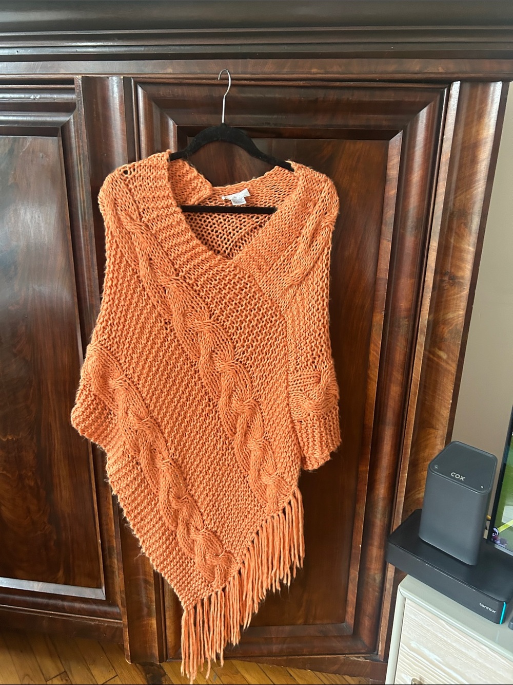 Cozy Orange Cable-Knit Fringe Poncho Sweater